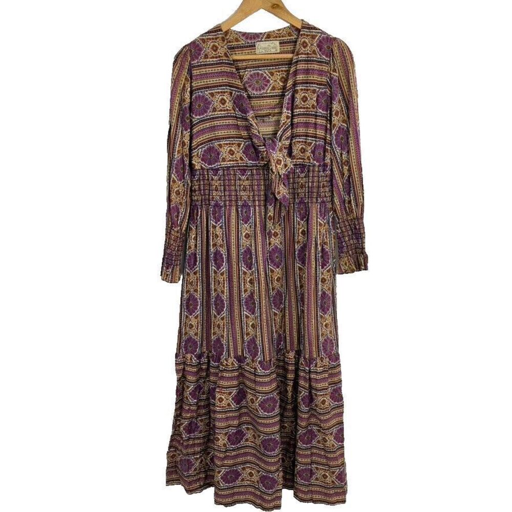 VTG 70's House of She LTD Maxi Dress Boho Hippy Colorful Fun Size S/M Tie Front
